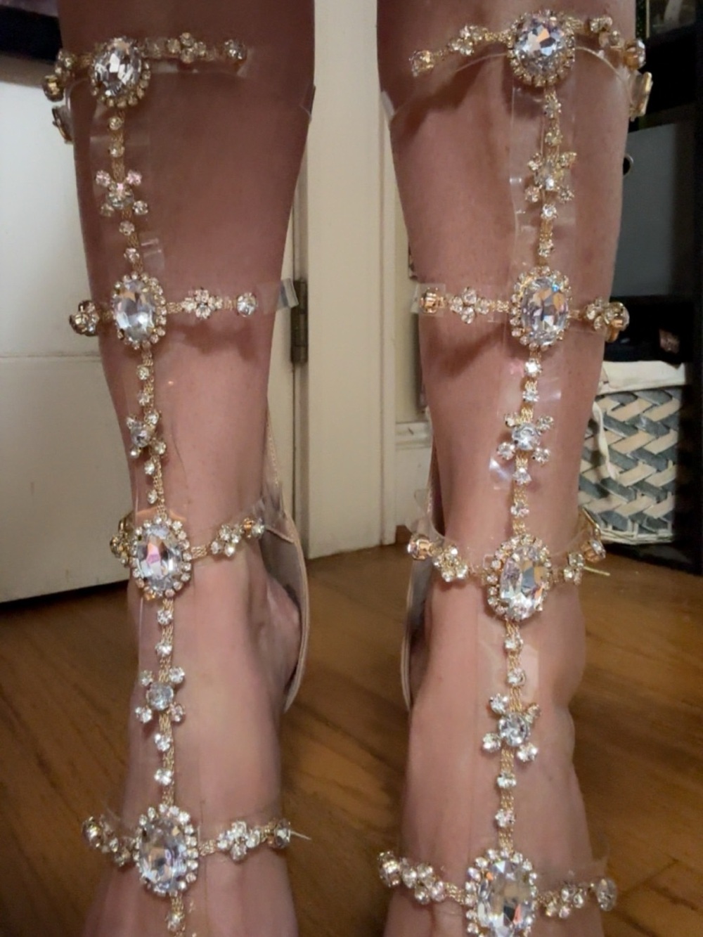 Embellished Clear Gladiator Heels with Crystal Accents - Gold Trim - Picture 2 of 5